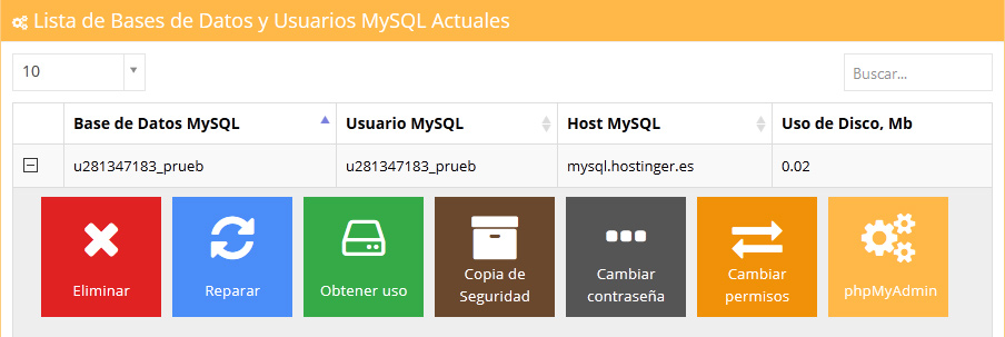 Lista de bases de datos en Hostinger